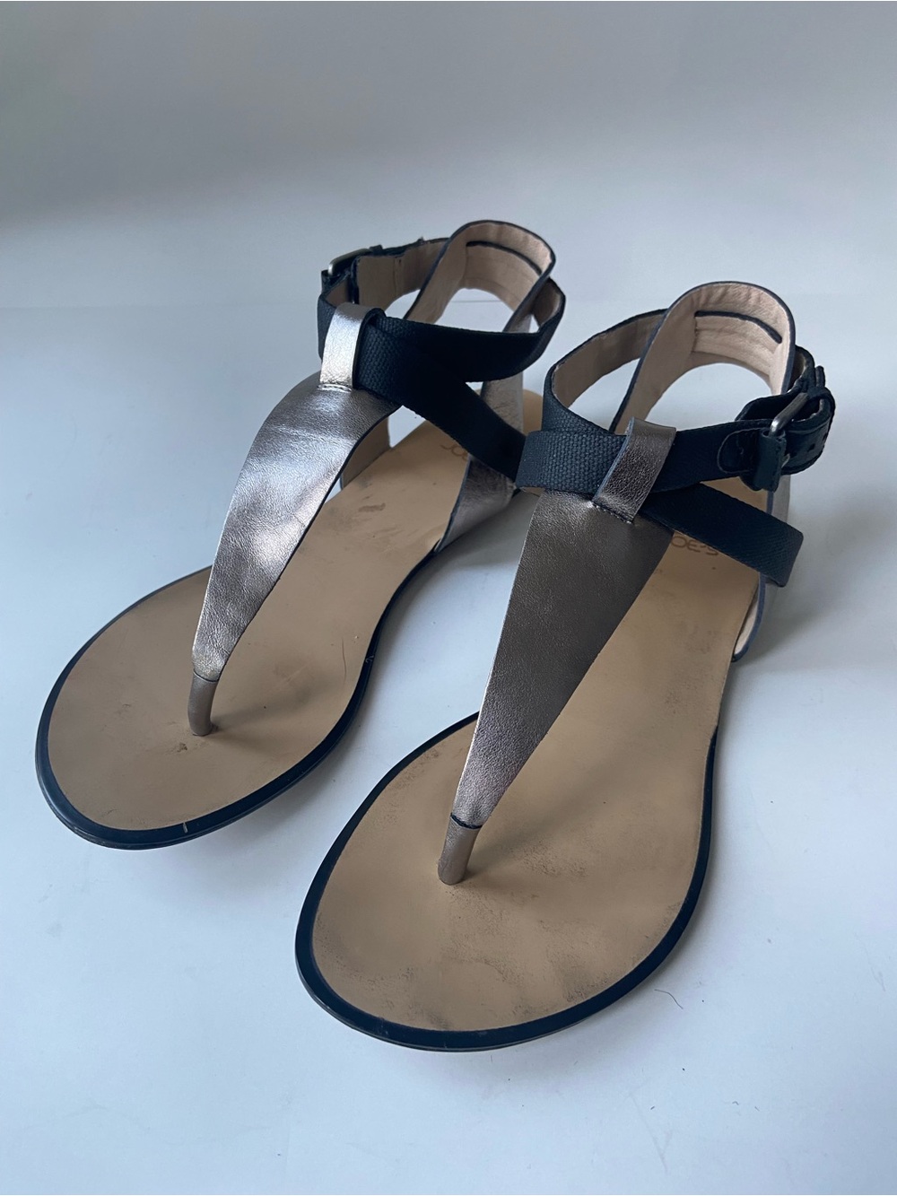Joes Jeans leather Metallic Taupe and Black T-Strap Sandals